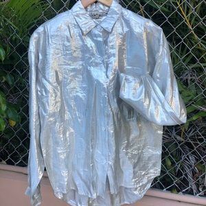 Vintage Bright Silver Button Down Long Sleeve Blouse